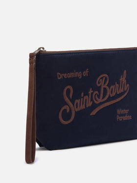 Marineblauer blue Aline aus gewachstem pochette mit Logostickerei 