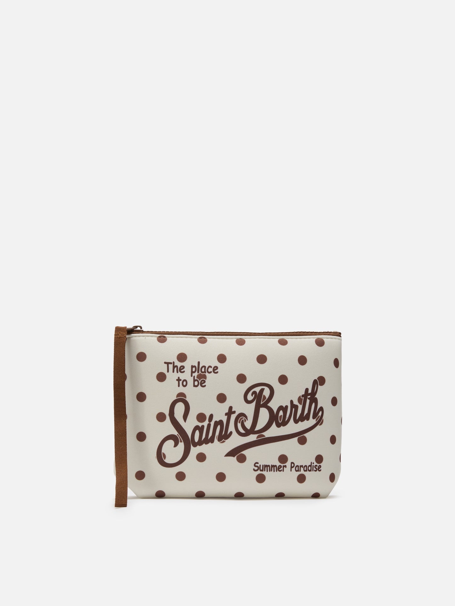 Pochette Aline de scuba con estampado de lunares beige y bordeaux 