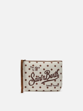 Pochette Aline de scuba con estampado de lunares beige y bordeaux 
