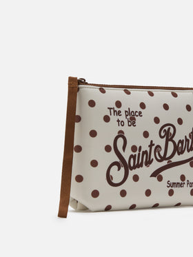 Pochette Aline de scuba con estampado de lunares beige y bordeaux 