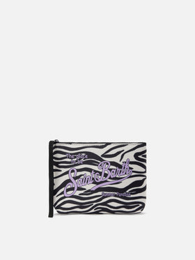 Pouch Aline de scuba con estampado de cebra 