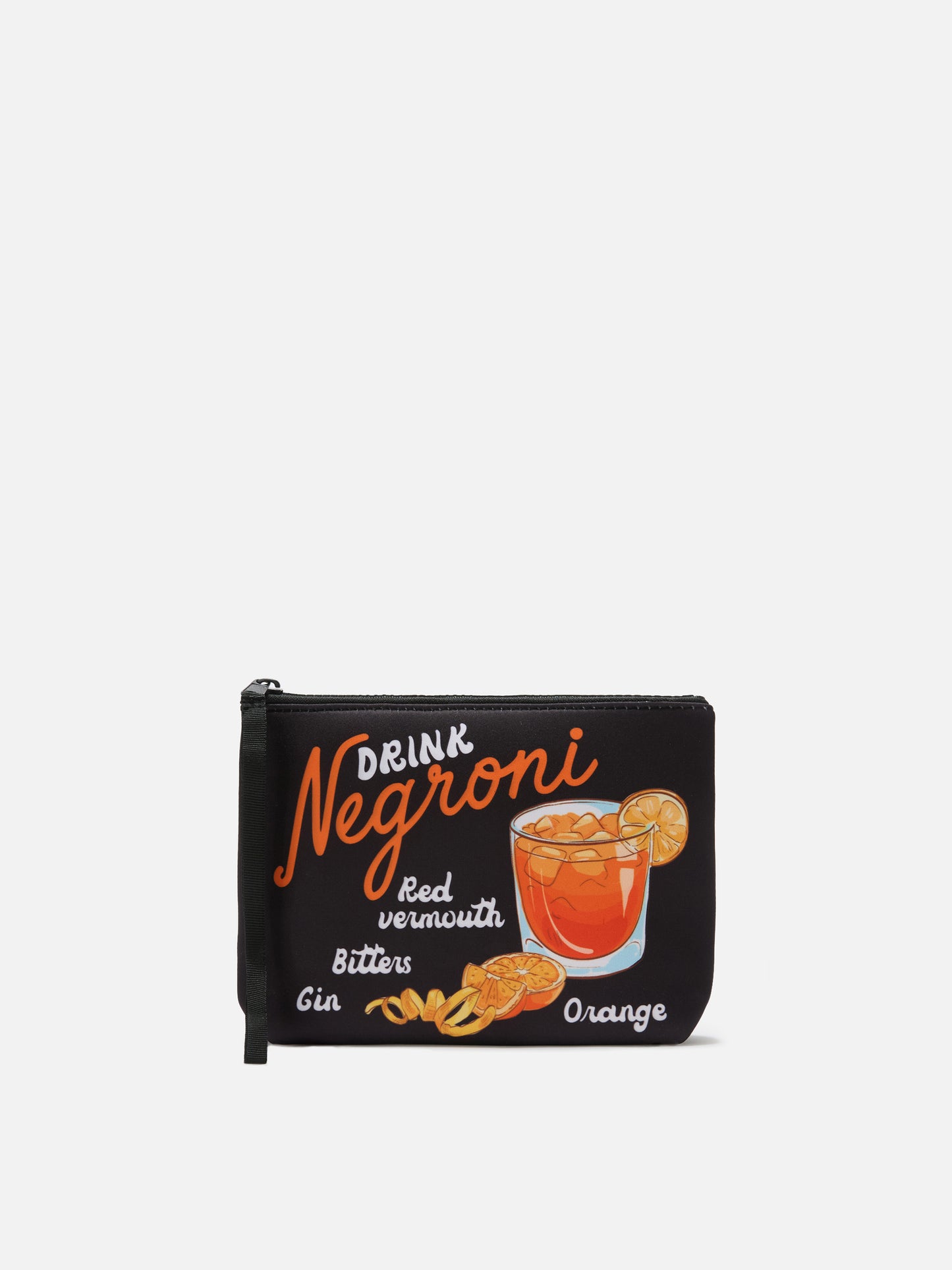 Pochette Aline noire en scuba avec imprimé recette Negroni 