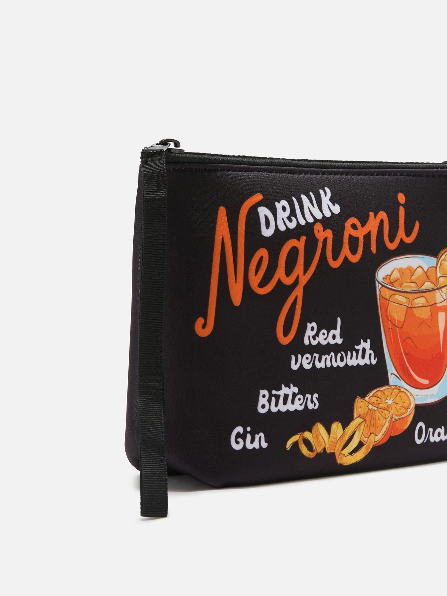 Pochette Aline noire en scuba avec imprimé recette Negroni 