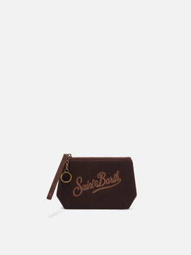 Braune Mini Aline aus gewachstem pouch mit Logostickerei 