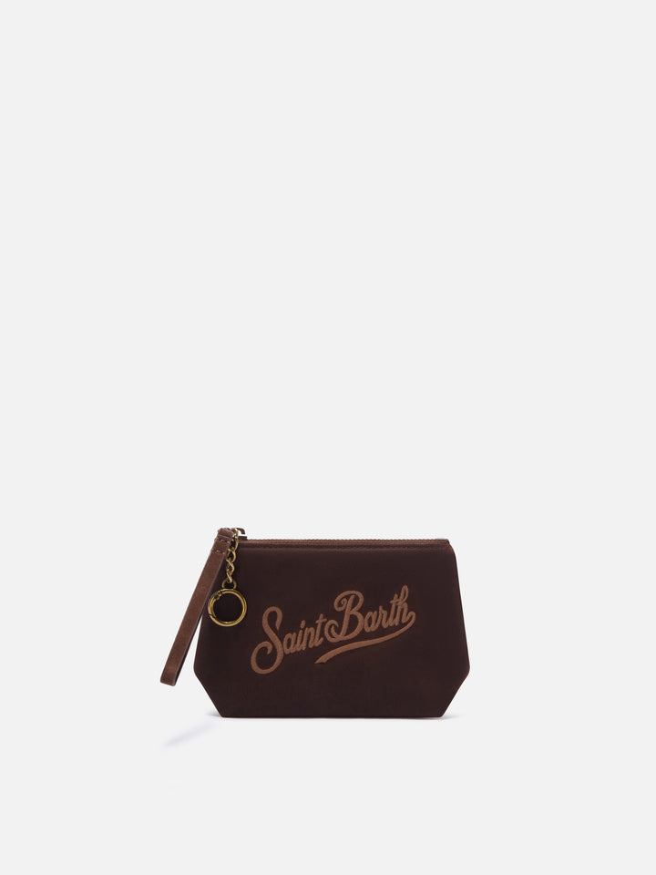 Brown Mini Aline waxed pouch with logo embroidery