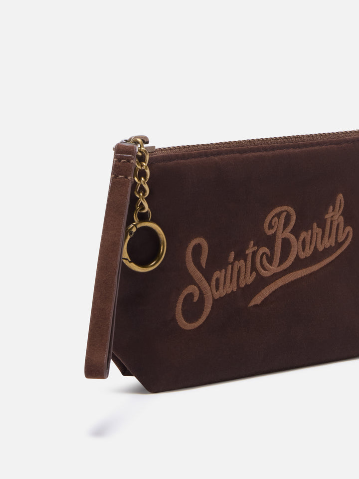 Brown Mini Aline waxed pouch with logo embroidery