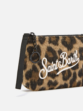 Mini Aline felt pouch with leopard print