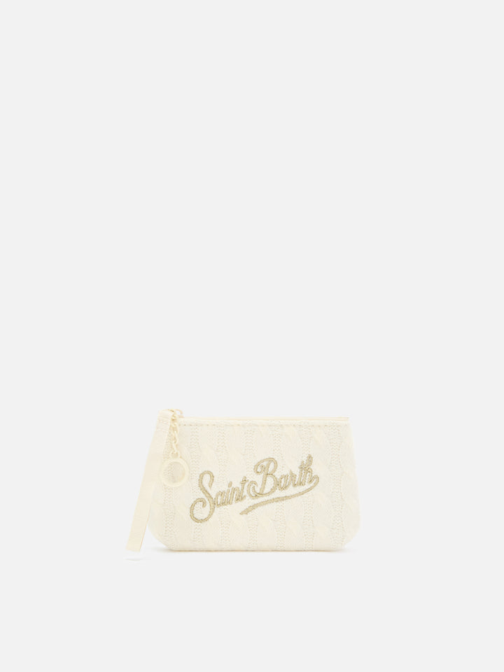 Mini Aline en tricot color blanco roto pouch con bordado del logo 