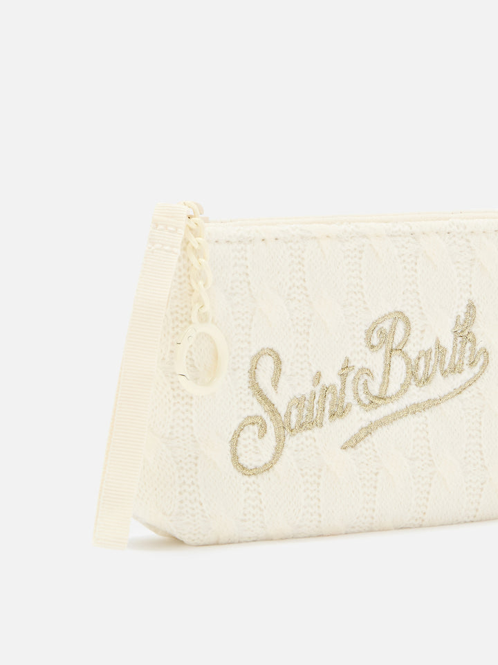 Mini Aline en tricot color blanco roto pouch con bordado del logo 