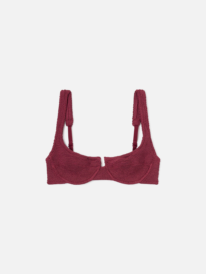 Amira Balconette-Bikinioberteil aus burgunderfarbenem Crinkle-Stoff 