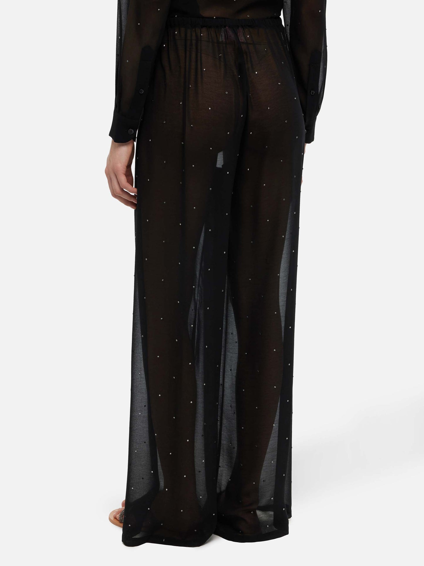 Amalia black wide-leg georgette trousers with rhinestone embellishment - MC2 Saint Barth