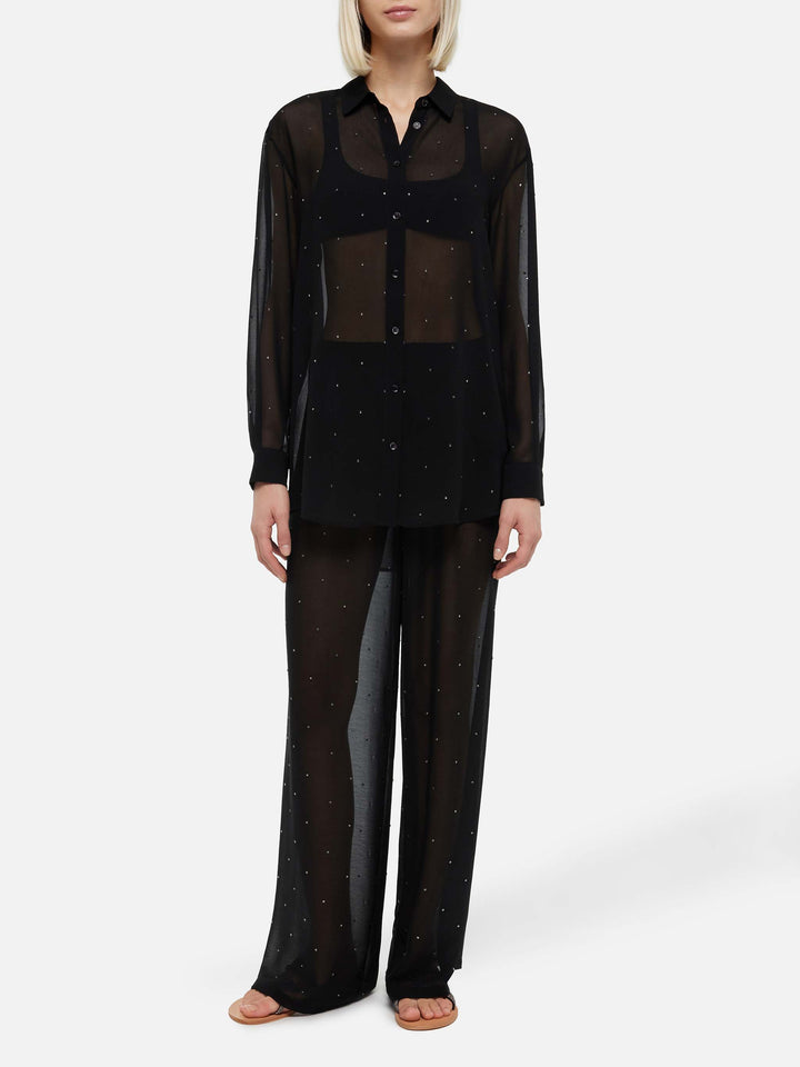 Amalia black wide-leg georgette trousers with rhinestone embellishment - MC2 Saint Barth