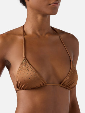 Haut de bikini triangle Annabelle marron avec détails en strass appliqués 