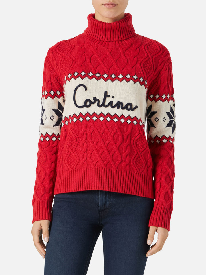 Anton red half-turtleneck sweater with Cortina lettering