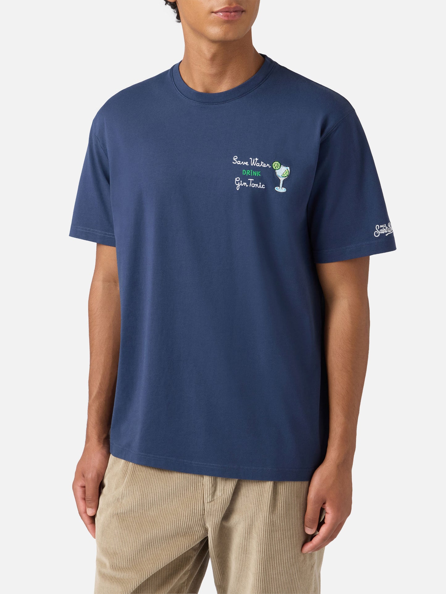 T-shirt Arnott en coton bleu avec broderie Save water drink Gin Tonic 