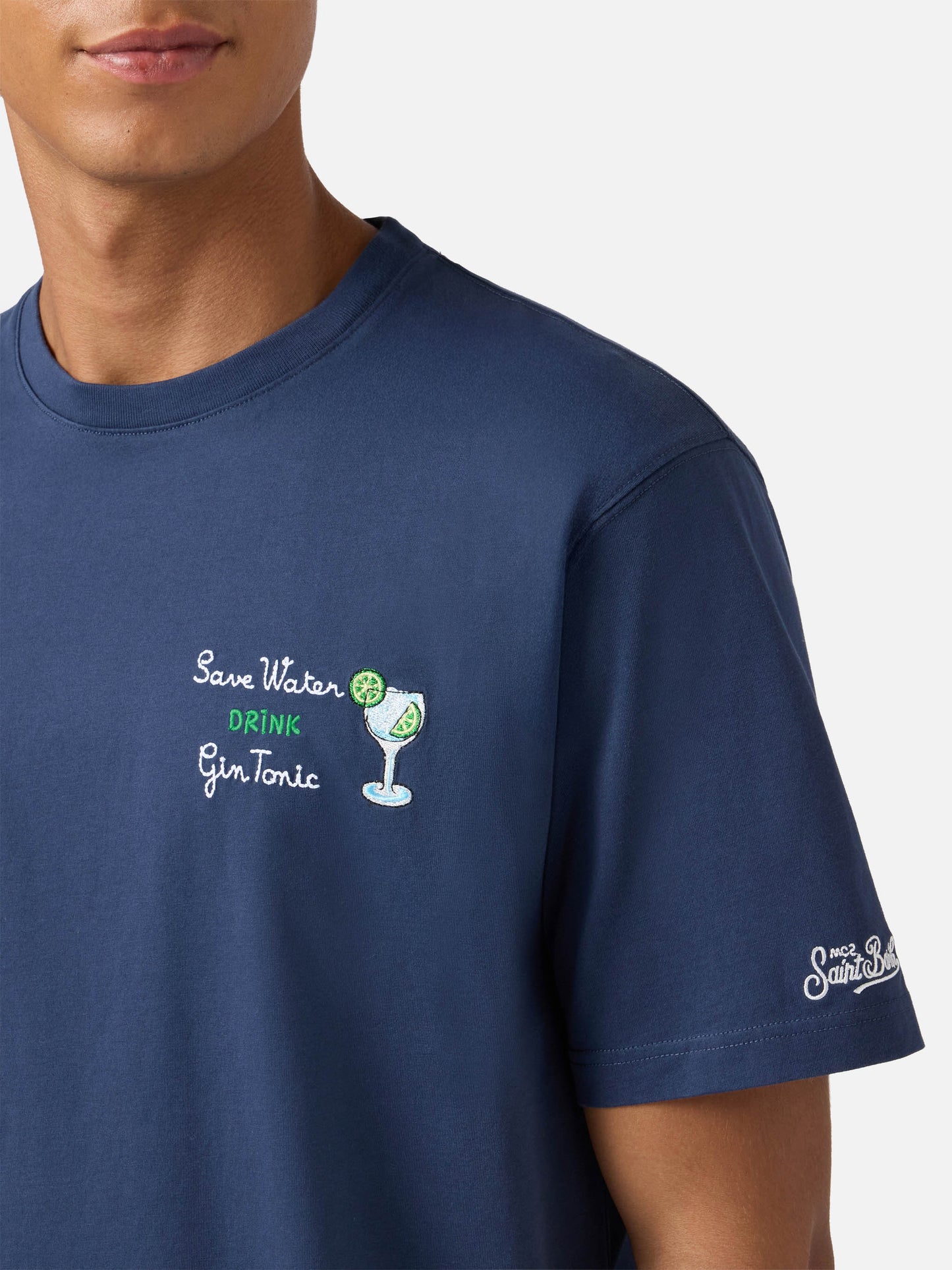 T-shirt Arnott en coton bleu avec broderie Save water drink Gin Tonic 