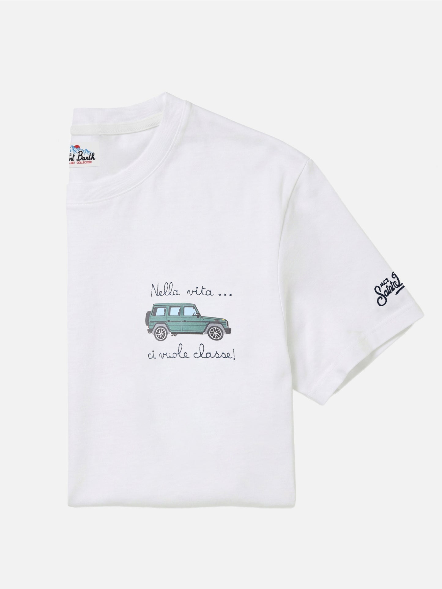 T-shirt Arnott en coton blanc avec broderie voiture et Nella vita ci vuole classe 
