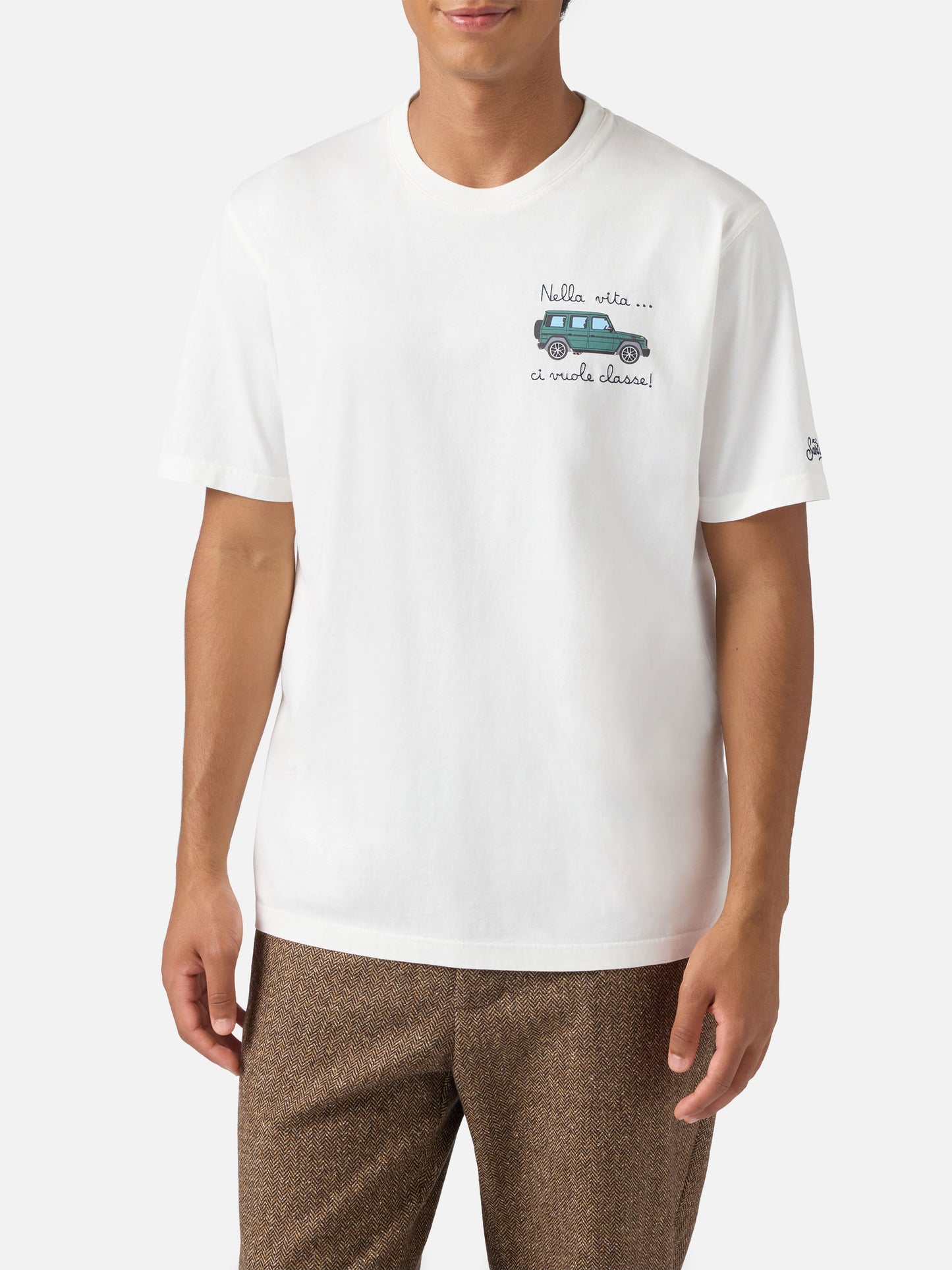 Arnott-Baumwoll-T-Shirt in Weiß mit Auto- und „Nella vita ci vuole classe“-Stickerei