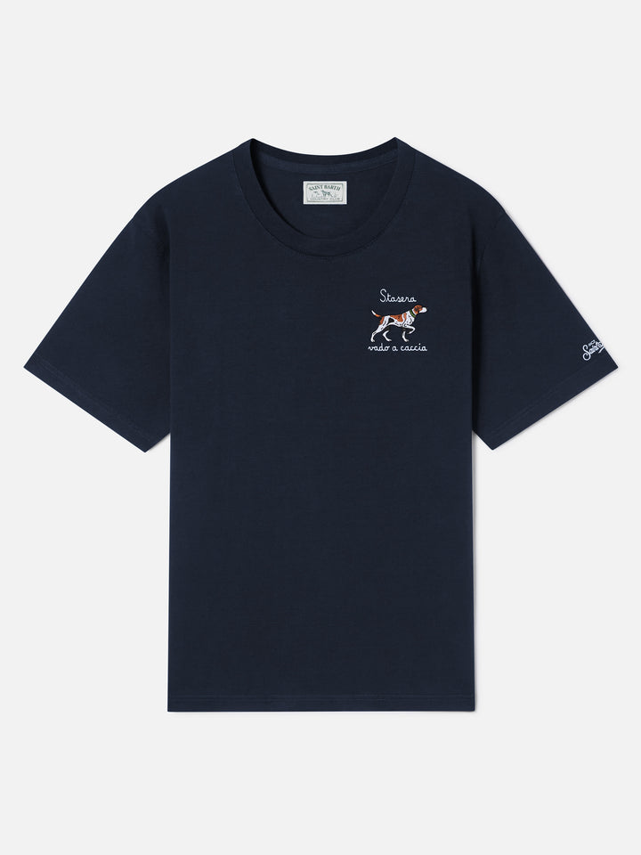 Camiseta de algodón Navy blue Arnott con bordado de perro de caza 