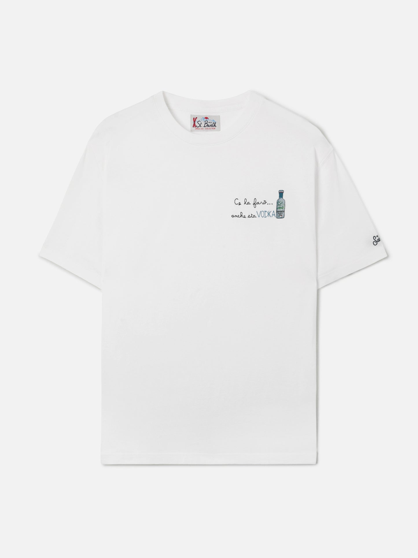 Arnott-Baumwoll-T-Shirt in Weiß mit „Ce la farò anche sta Vodka“-Stickerei