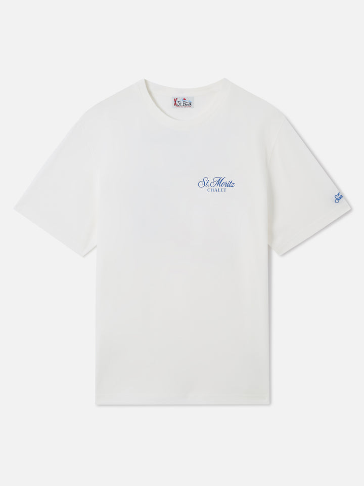 Camiseta de cuello redondo Arnott en blanco con estampado St. Moritz Chalet 