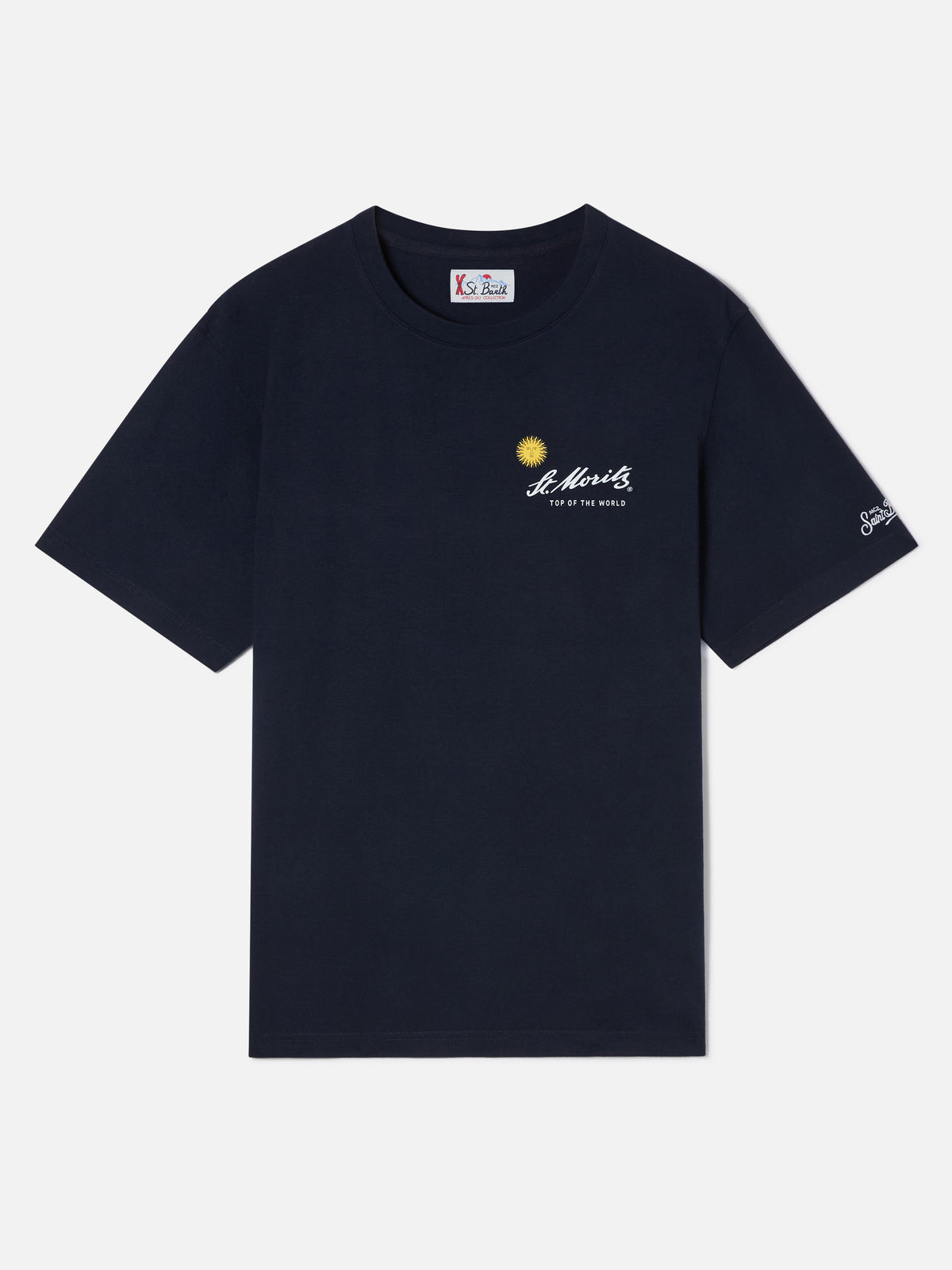 Marineblaues blue Arnott warmes Baumwoll-T-Shirt mit St. Moritz-Print auf der Rückseite | Special edition 