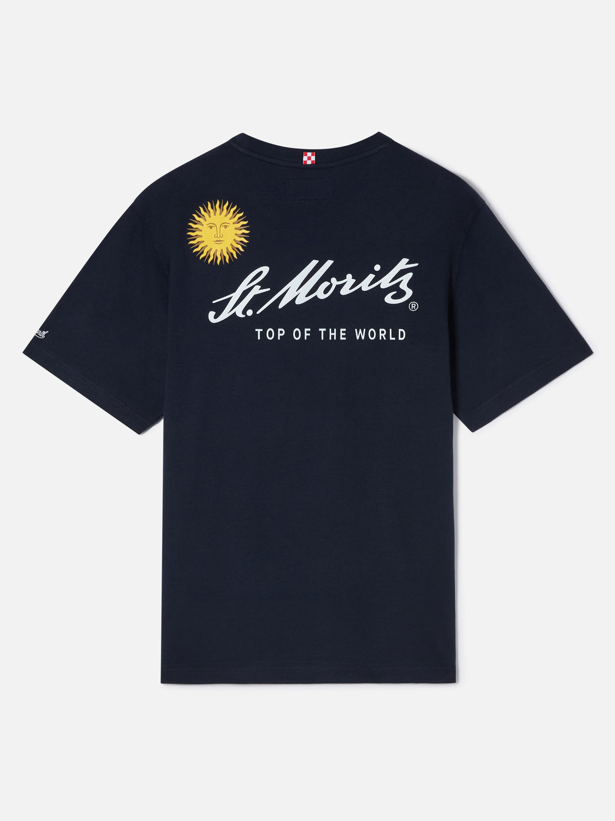 Marineblaues blue Arnott warmes Baumwoll-T-Shirt mit St. Moritz-Print auf der Rückseite | Special edition 