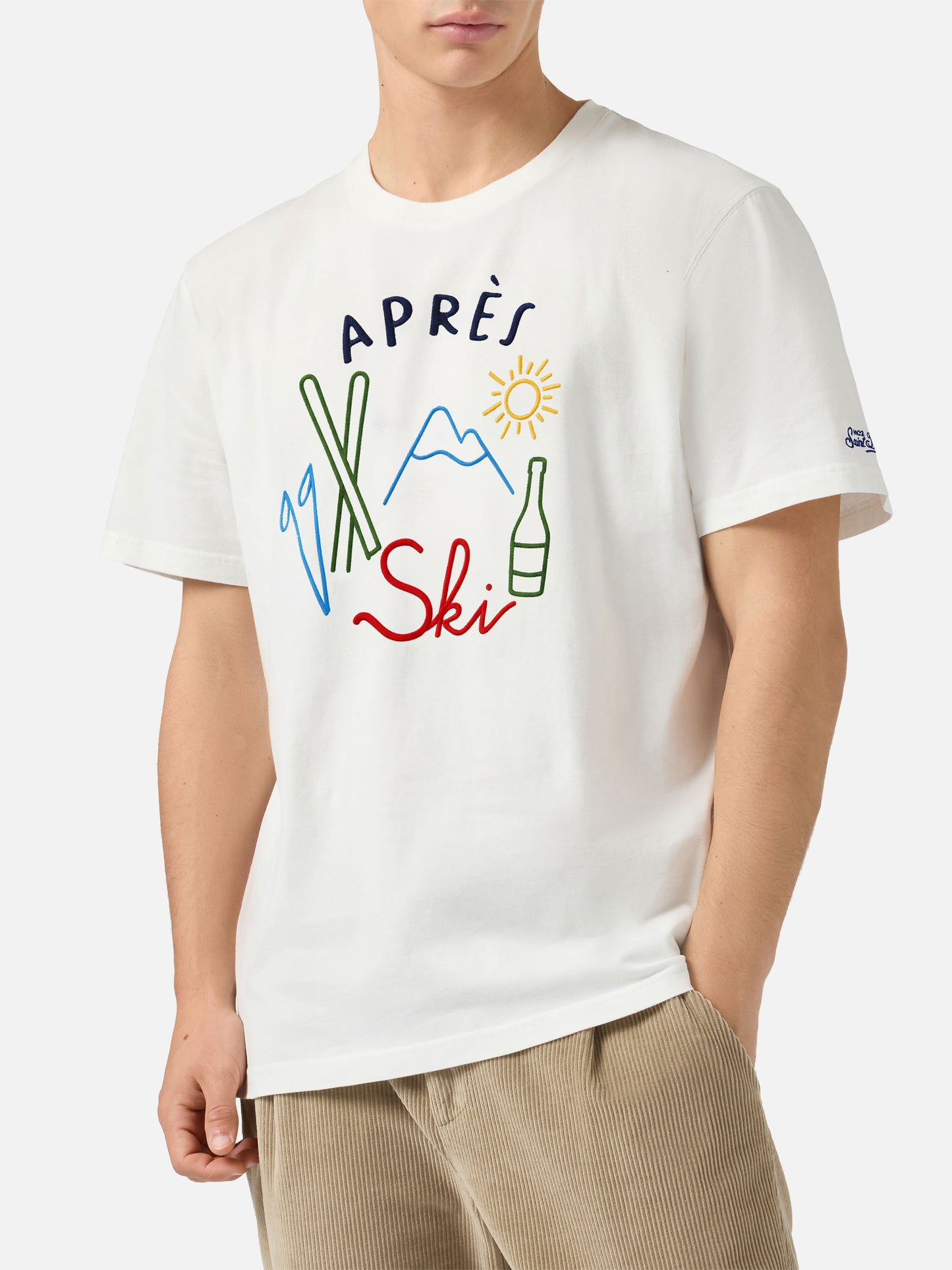 Arnott Warmes Winter-T-Shirt aus Baumwolle in Weiß mit Après Ski-Stickerei 