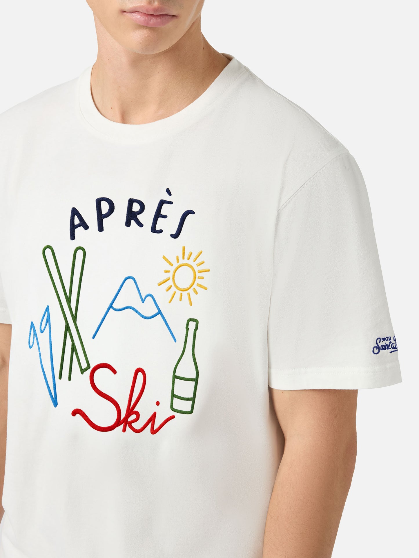 Arnott Warmes Winter-T-Shirt aus Baumwolle in Weiß mit Après Ski-Stickerei 
