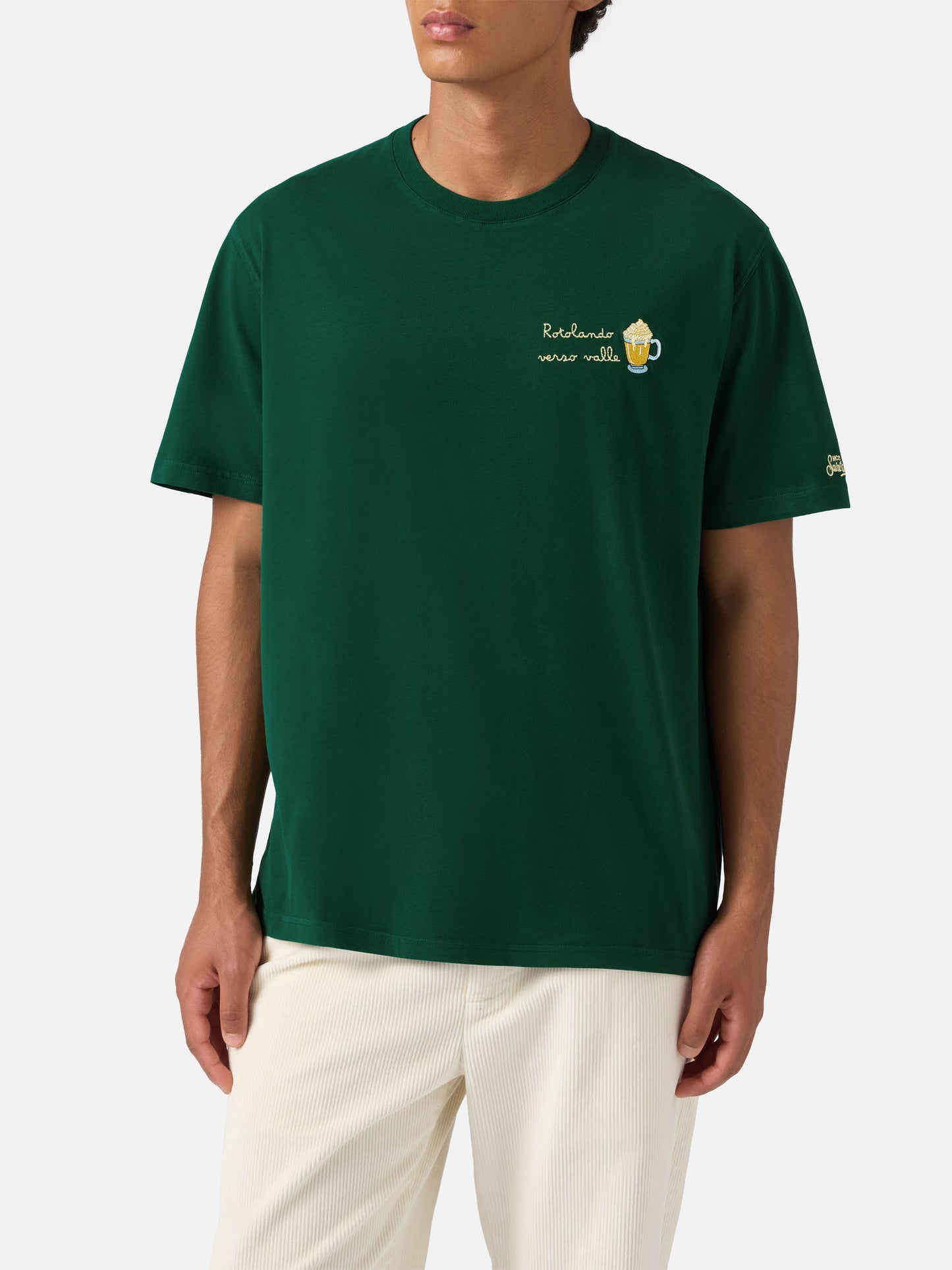 Grünes, warmes Baumwoll-T-Shirt von Arnott mit Rotolando verso valle-Stickerei