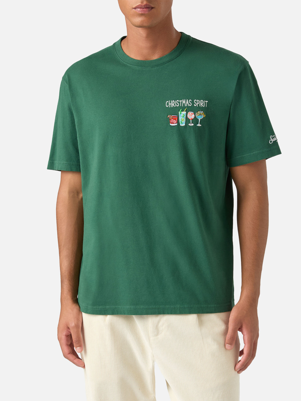 Grünes Arnott Warmes Baumwoll-T-Shirt mit Christmas Spirit-Stickerei 