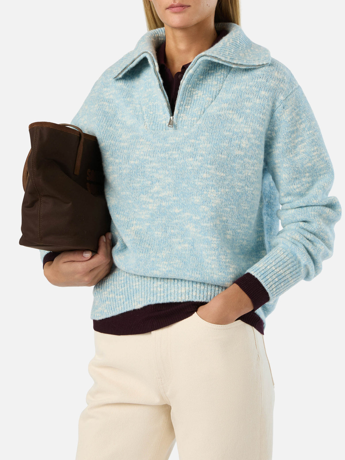 Pull en laine Augustine blue léger à demi-zip avec logo brodé 