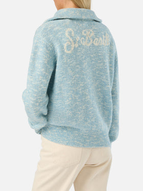 Pull en laine Augustine blue léger à demi-zip avec logo brodé 