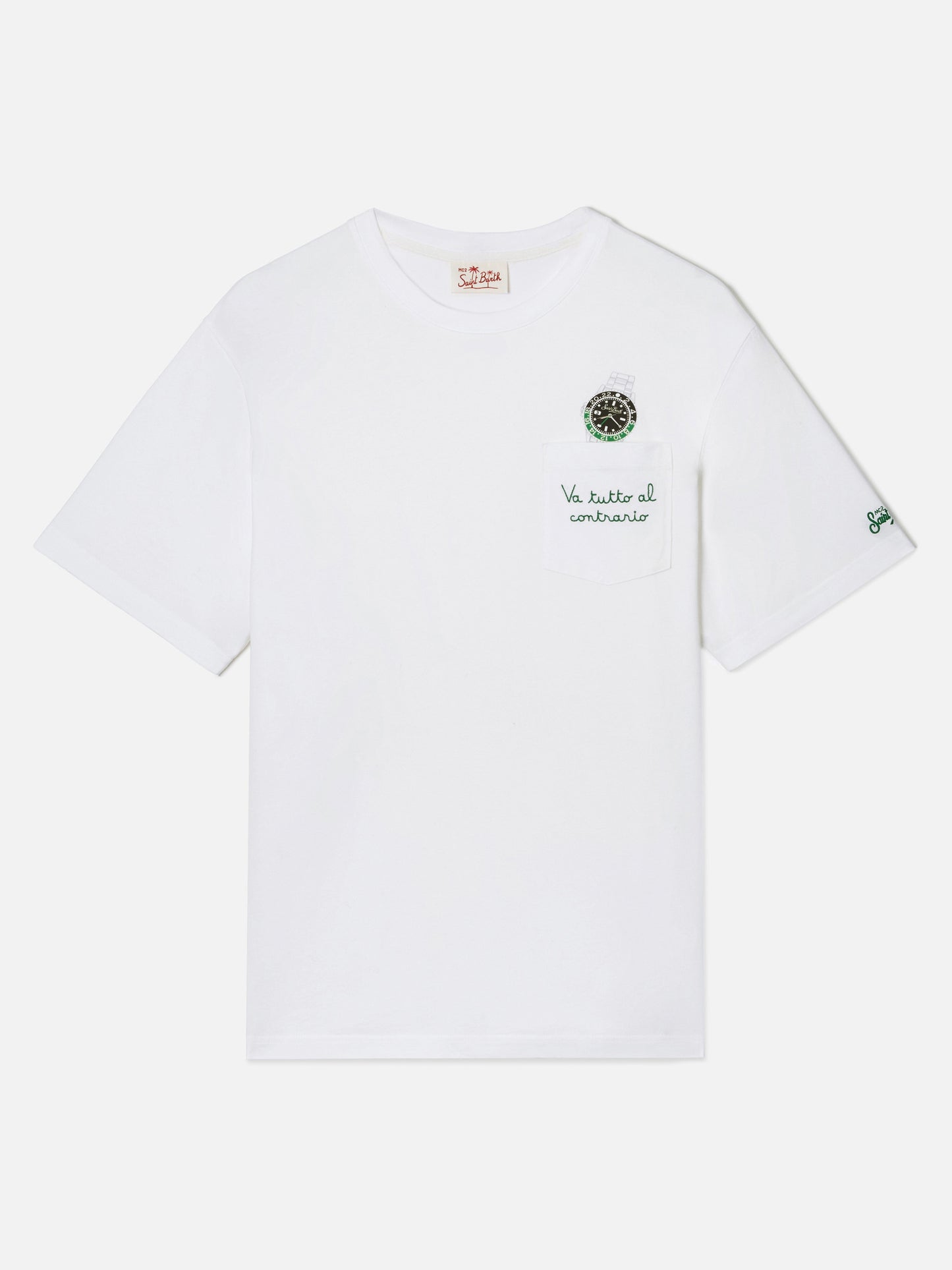 Weißes Austin T-Shirt mit Uhr und „Va Tutto Al Contrario“-Stickerei 