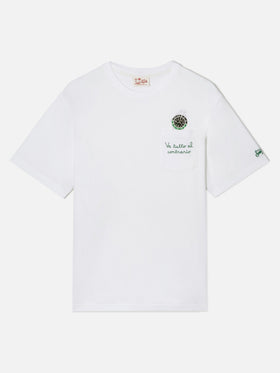Weißes Austin T-Shirt mit Uhr und „Va Tutto Al Contrario“-Stickerei 