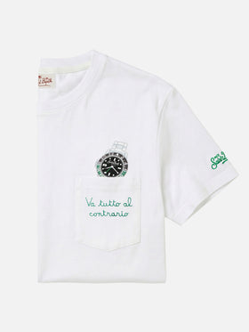Weißes Austin T-Shirt mit Uhr und „Va Tutto Al Contrario“-Stickerei 