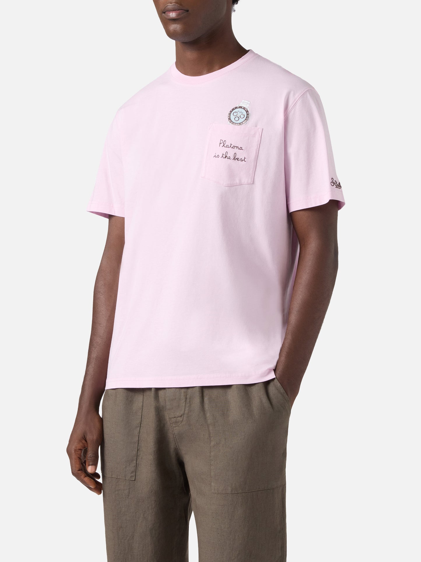 Camiseta Austin rosa con bordado watch y Platona Is The Best 