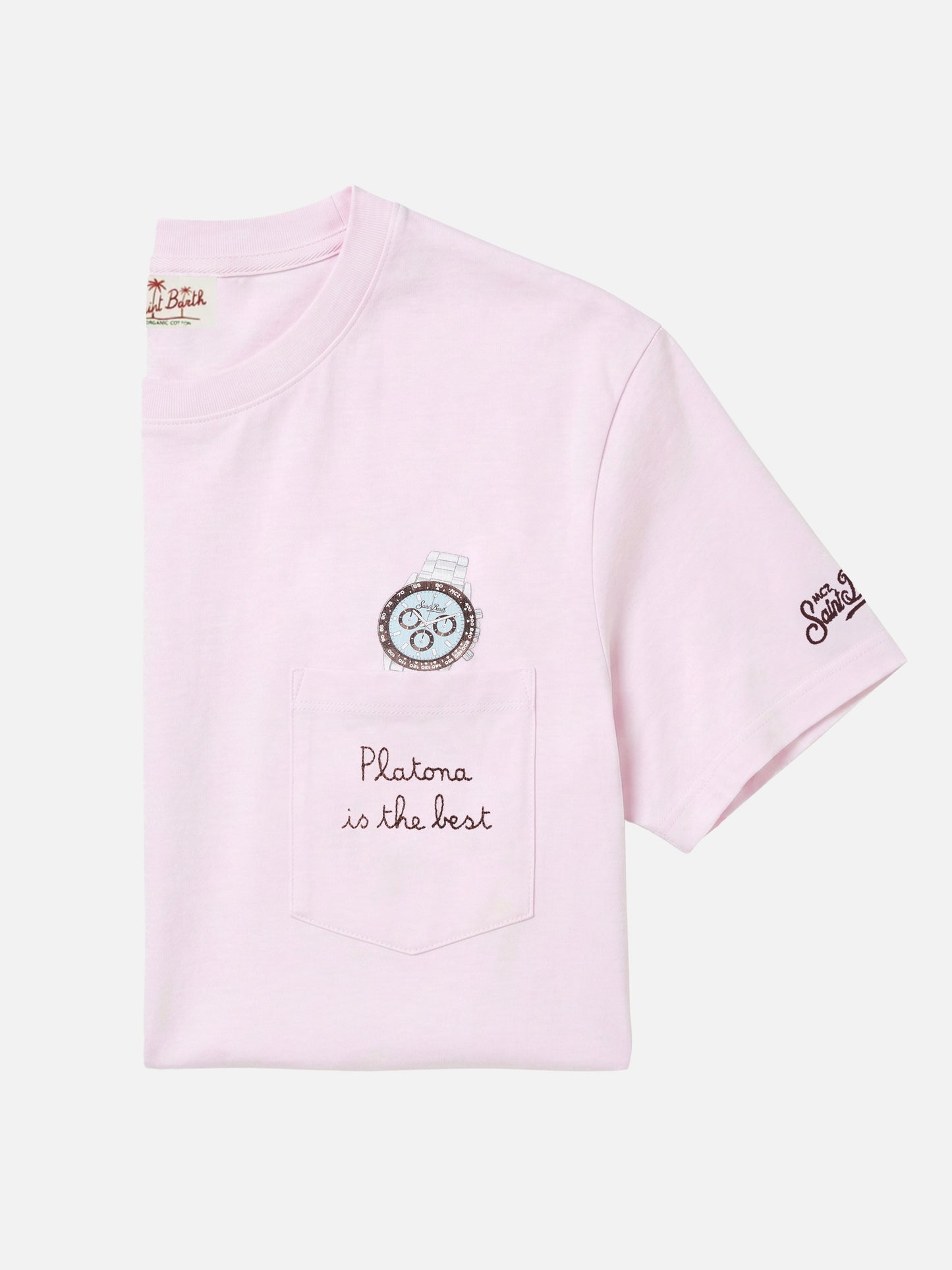 Camiseta Austin rosa con bordado watch y Platona Is The Best 