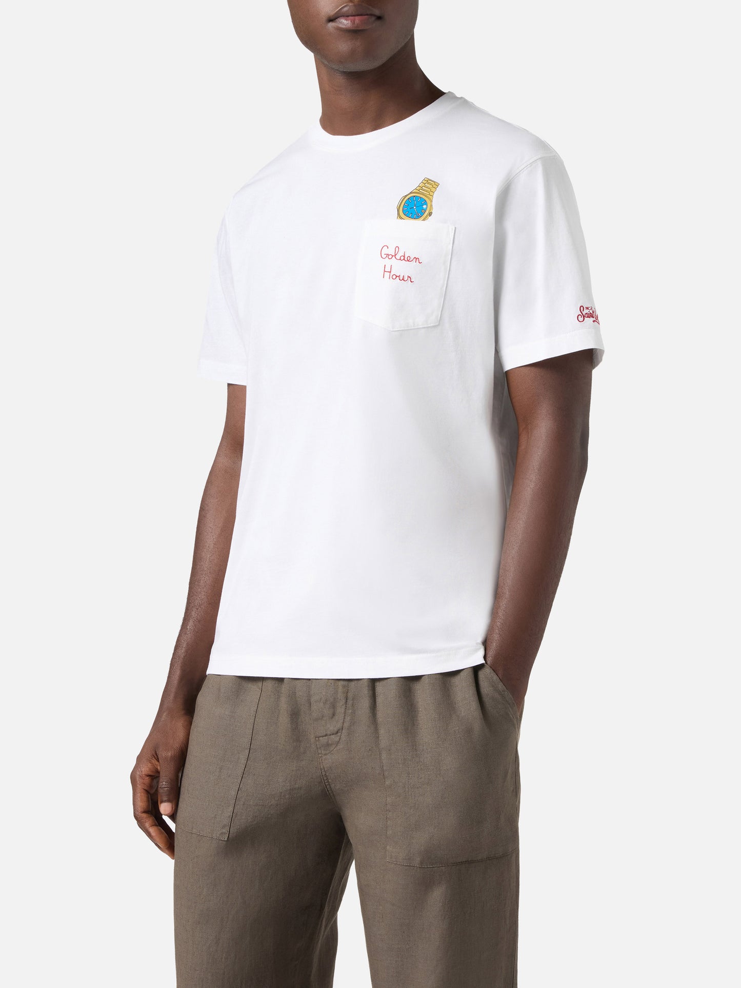 White Austin t-shirt with watch and Golden Hour embroidery