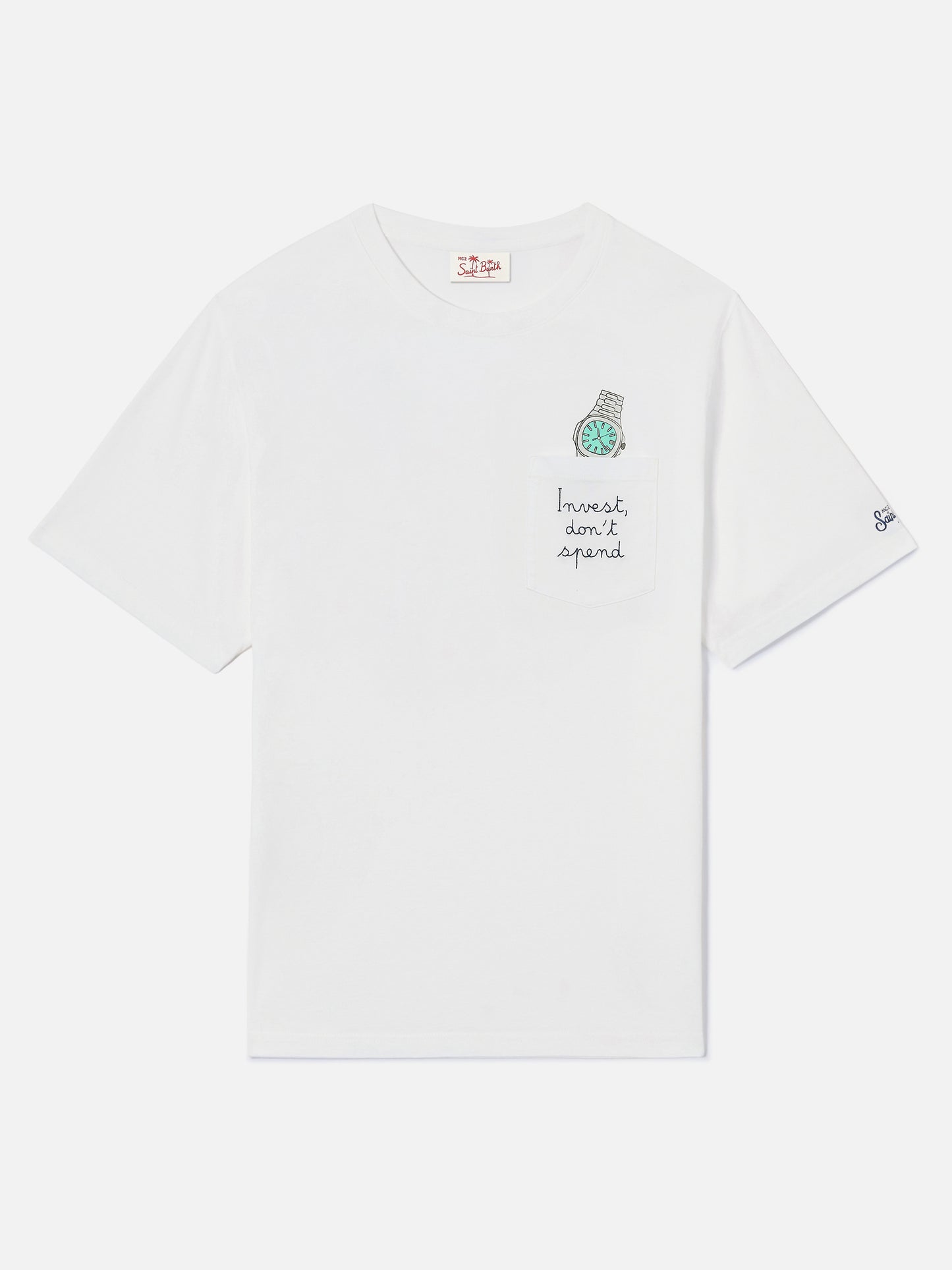 Camiseta Austin blanca con bordado de reloj Invest Don't Spend 