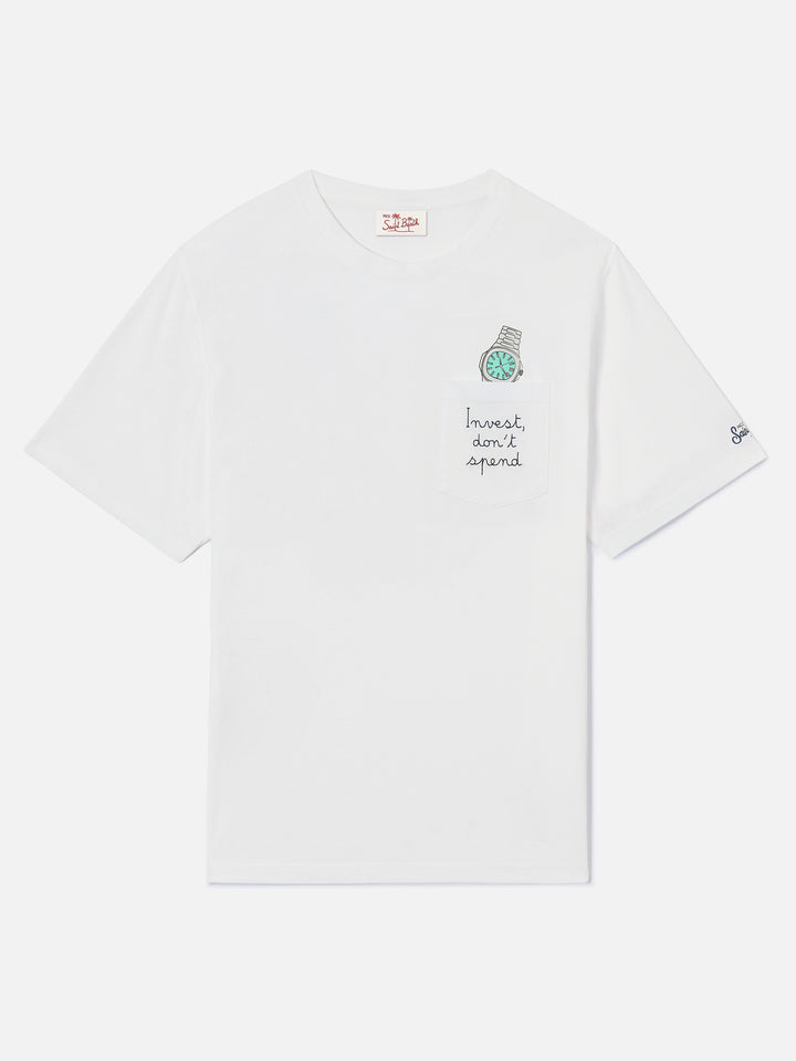 T-shirt Austin blanc avec broderie montre Invest Don't Spend 