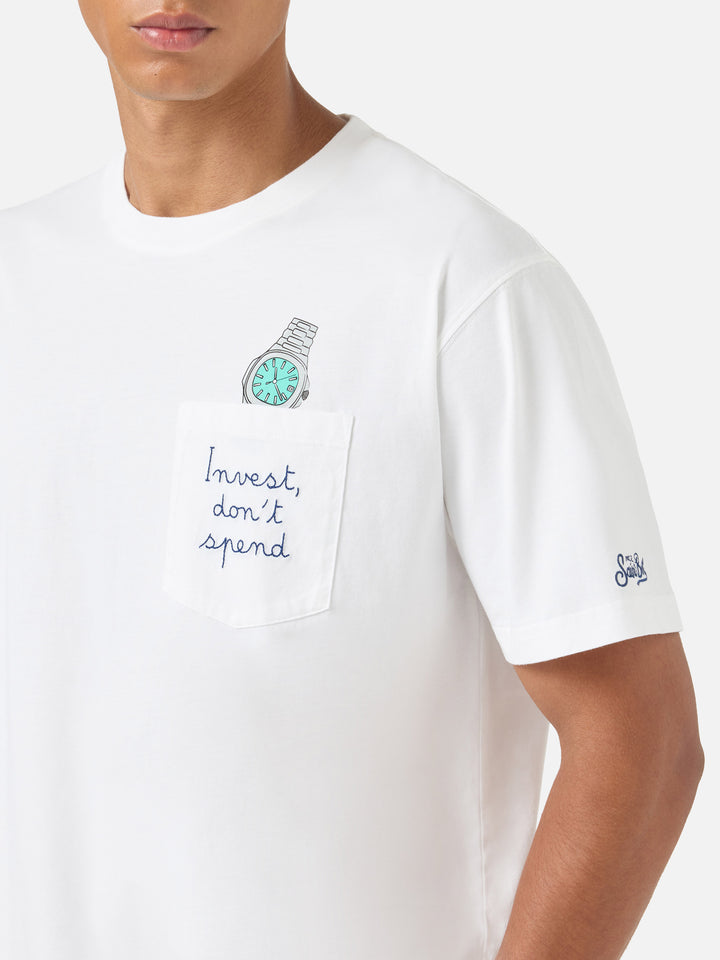 Camiseta Austin blanca con bordado de reloj Invest Don't Spend 