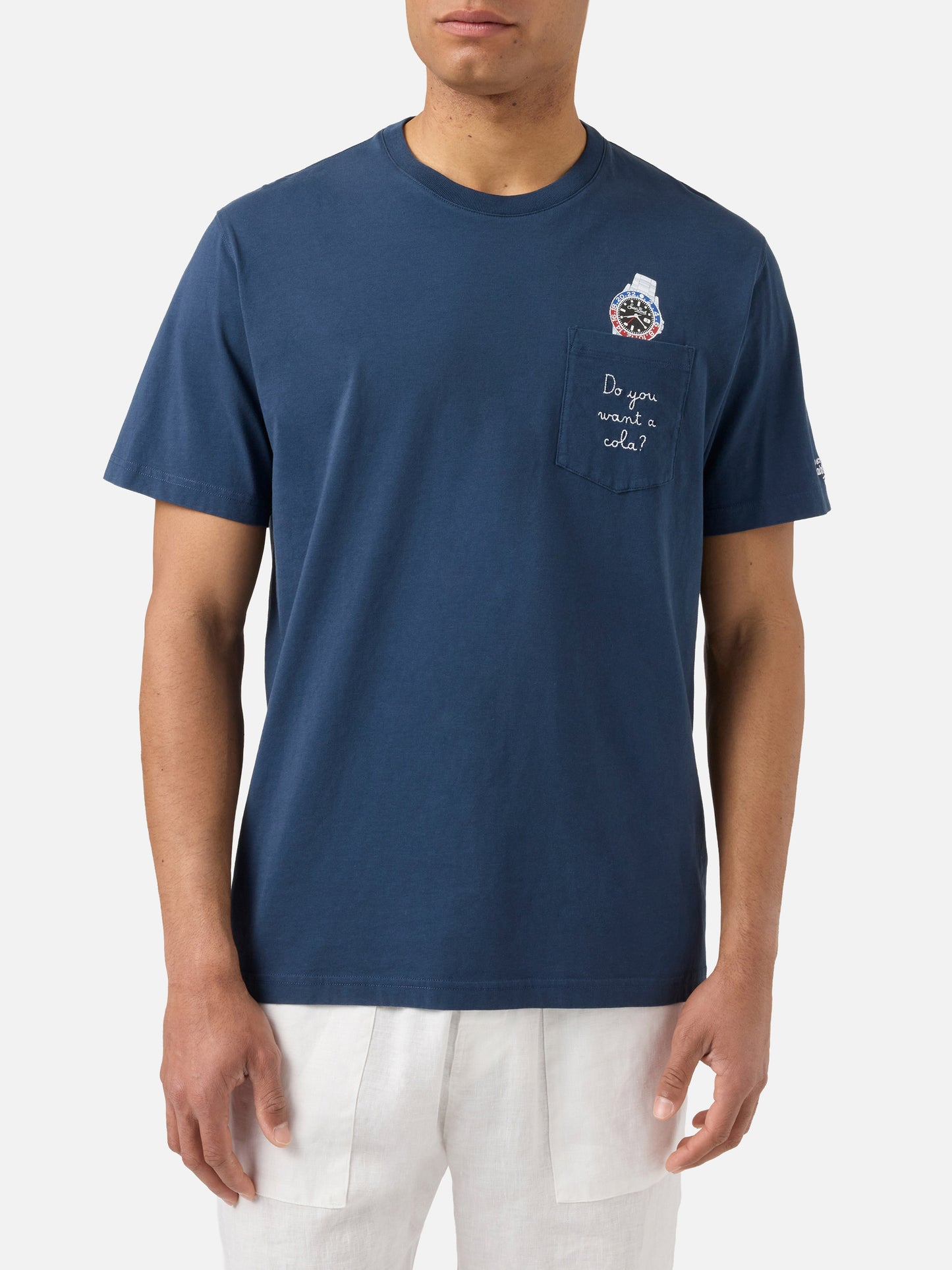 Camiseta Austin azul con bordado de reloj y Do You Want A Cola? 