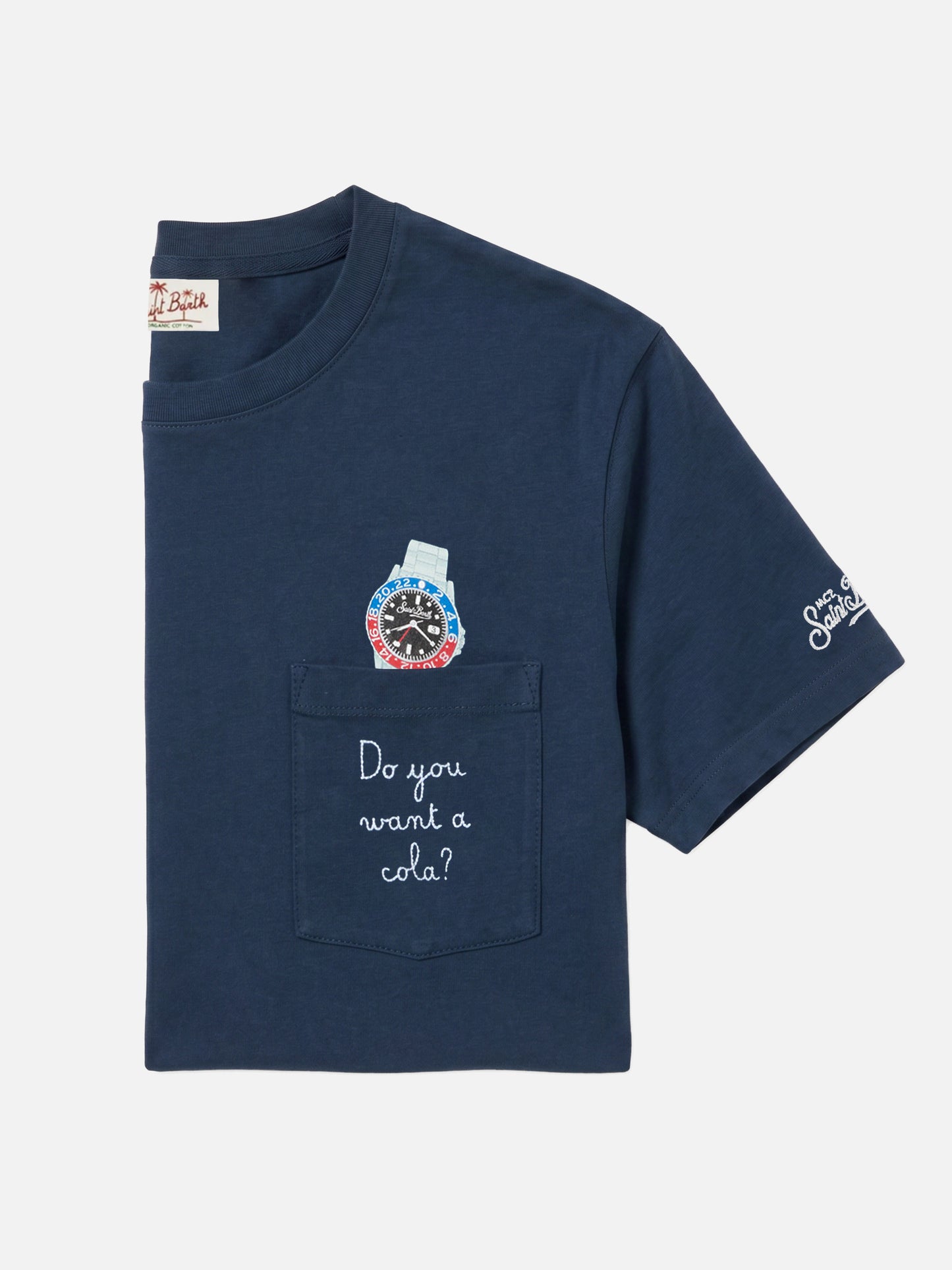 Camiseta Austin azul con bordado de reloj y Do You Want A Cola? 