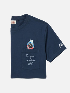Camiseta Austin azul con bordado de reloj y Do You Want A Cola? 