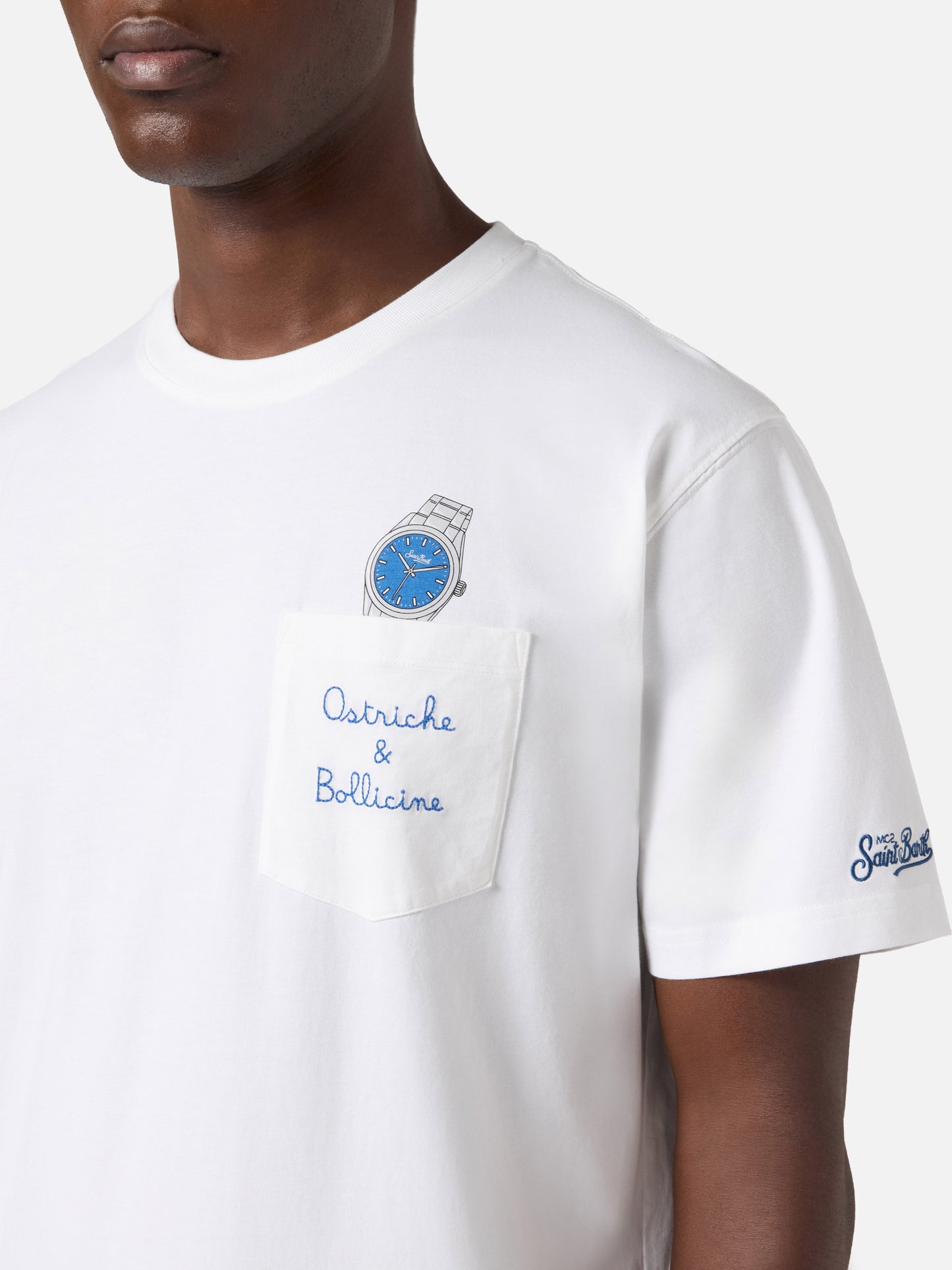 T-shirt Austin blanche avec montre et broderie Ostriche e Bollicine 