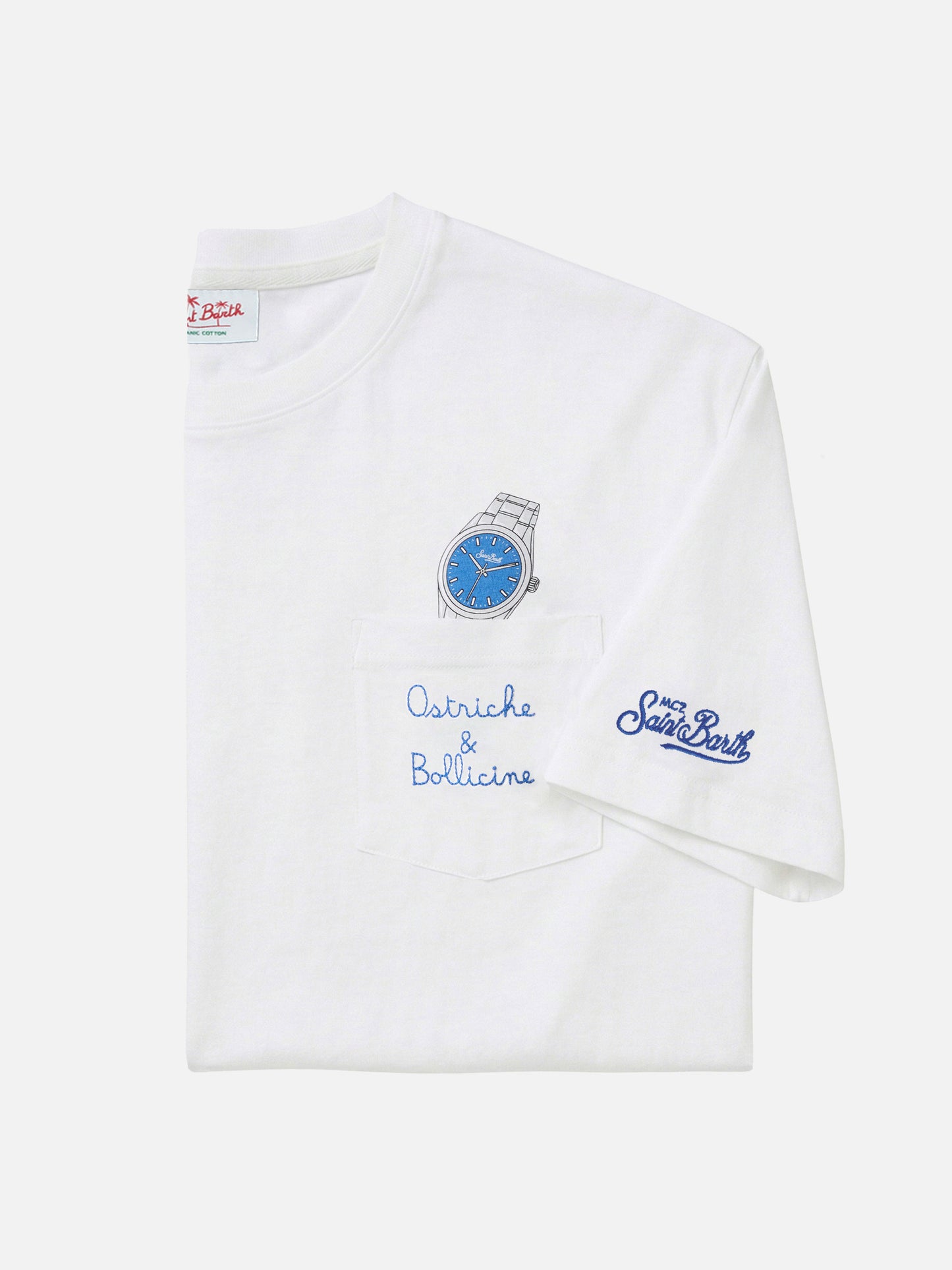 T-shirt Austin blanche avec montre et broderie Ostriche e Bollicine 