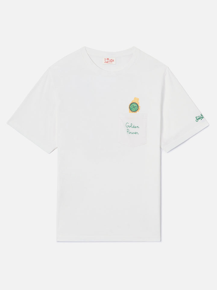 White Austin t-shirt with watch and Golden Power embroidery