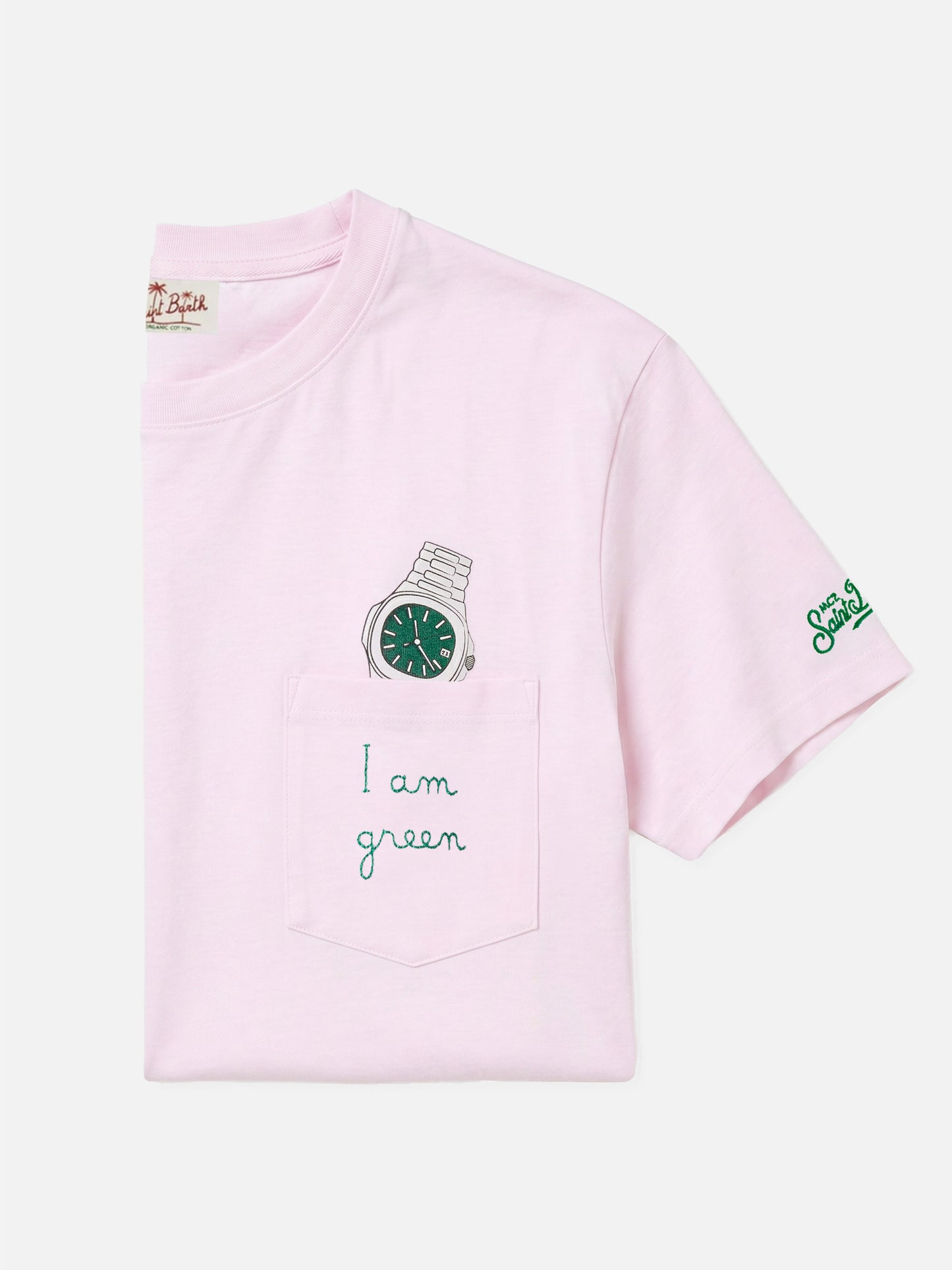 T-shirt Austin rose avec broderie montre et I Am Green 