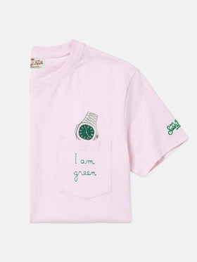 T-shirt Austin rose avec broderie montre et I Am Green 